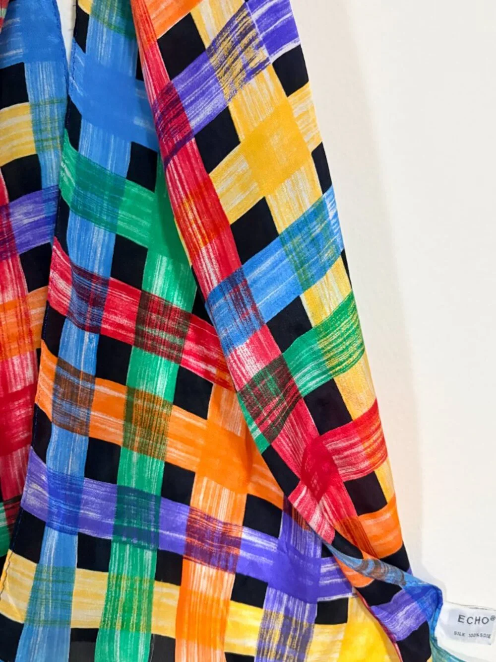 Echo 100% Silk Long Scarf Multicolor Plaid Brushstroke 53